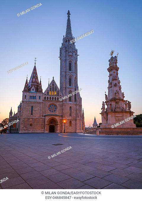 View of Trinity column and Matthias church in historic city centre of Budapest, Hungary.
