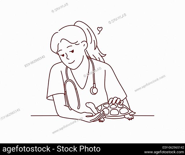 Smiling female veterinarian take care of turtle in hospital. Happy woman vet doctor cure small domestic pet in clinic. Vector illustration