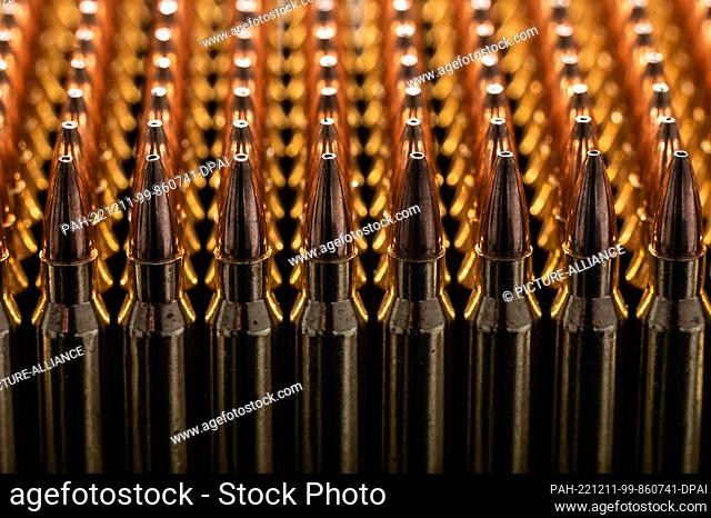 SYMBOL - 10 December 2022, Baden-Wuerttemberg, Rottweil: 223 caliber Remington cartridges stand on a table of a sports shooter. Photo: Silas Stein/dpa