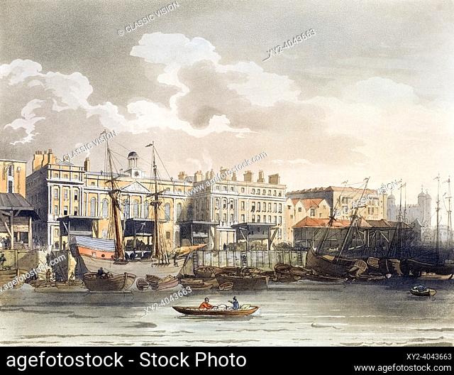 Custom House from the River Thames. Circa 1808. After a work by August Pugin and Thomas Rowlandson in the Microcosm of London