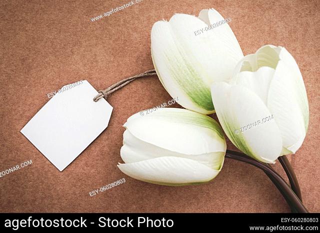 Horizontal photo of artificial white tulips with greeting card in kraft paper background. Concept for Mother's Day with copy space