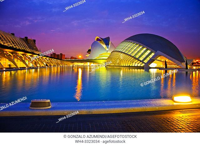 In the foreground Hemisferic. In the background Queen Sofia Arts Palace. . City of Arts and Sciences . Architect Santiago Calatrava. Valencia