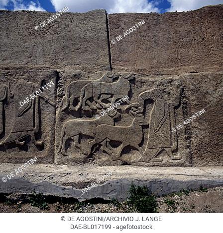 Priests in procession with animals for sacrifice, relief orthostates near the Sphinx Gate, Alacahoyuk, Turkey. Hittite civilisation, 14th century BC