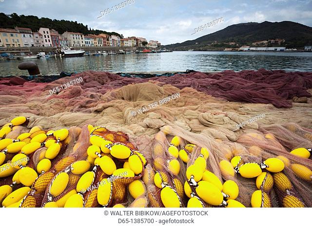 France, Languedoc-Roussillon, Pyrennes-Orientales Department, Vermillion Coast Area, Port-Vendres, commercial fishing gear, nets and floats