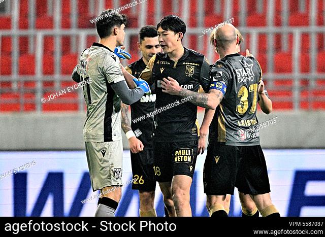 STVV's Taichi Hara celebrates after scoring during a soccer match between Royal Antwerp FC RAFC and Sint-Truidense VV, Tuesday 25 January 2022 in Antwerp