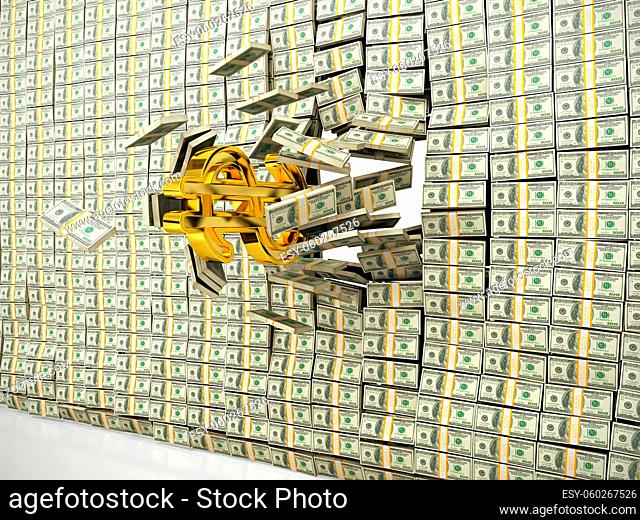 Golden dollar sign breaking through the wall of money