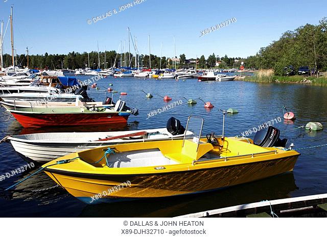 Finland, Region of Satakunta, Rauma, Baltic Sea, Gulf of Bothnia, Bothnian Sea, Syväraumanlahti Bay, Marina, Motor Boats Moored at Jetty