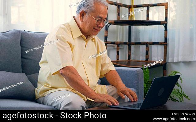 Senior man dressed wear eyeglasses sitting on sofa working on laptop in living room at home, Happy old man retired using computer