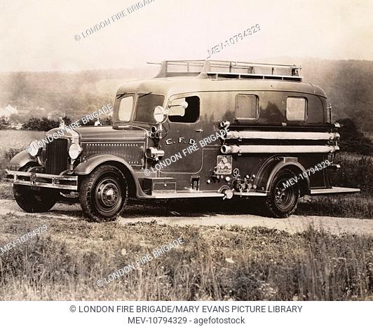 Charlotte Fire Department vehicle, North Carolina, USA, August 1935. It was the first enclosed Sedan-type fire appliance in America -- a six-cylinder engine of...