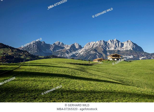View to the Wilder Kaiser, Kaiser Mountains, Reith bei Kitzbühel, Kufstein, Tyrol, Austria