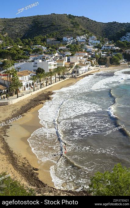 Teulada Moraira Alicante Spain on November 2020, luxury villas at the sea El Portet beach from above