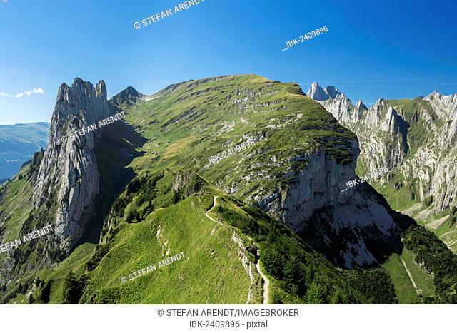 View over the Alpstein Range with the Kreuzberge Mountains, Alpstein, Appenzell, Switzerland, Europe