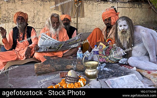 naga baba daram puri with sadhus in encampment on the ghats of benares, offering blessing and good karma to hindu pilgrims, a few days before the shivaratri