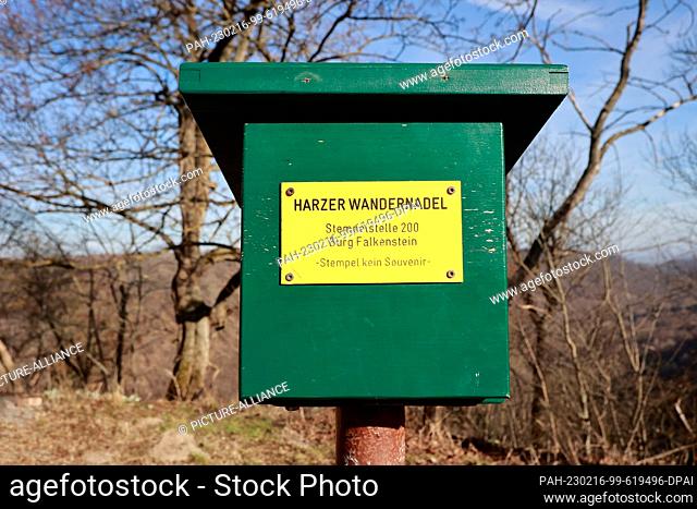 16 February 2023, Saxony-Anhalt, Falkenstein: As a popular excursion destination, Falkenstein Castle also has a stamp box for hikers