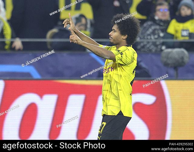 firo: 13.12.2023 Football, Soccer, Men's UEFA Champions League BVB Borussia Dortmund - Paris St.Germain - jubilation over his goal to make it 1-0 Karim Adeyemi