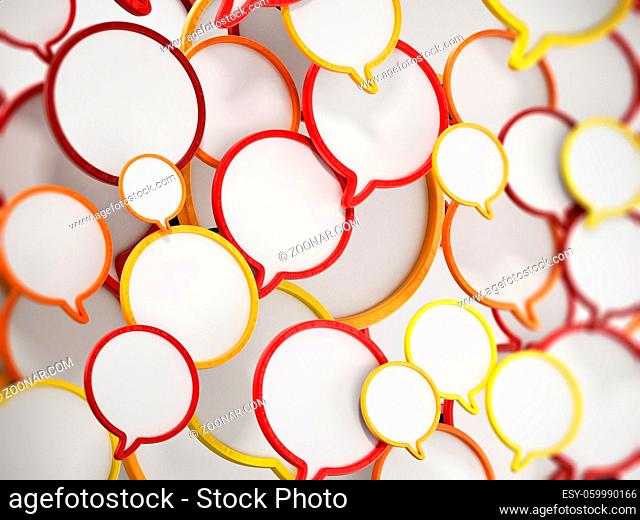 Red, yellow, and orange speech balloons forming a background. 3D illustration