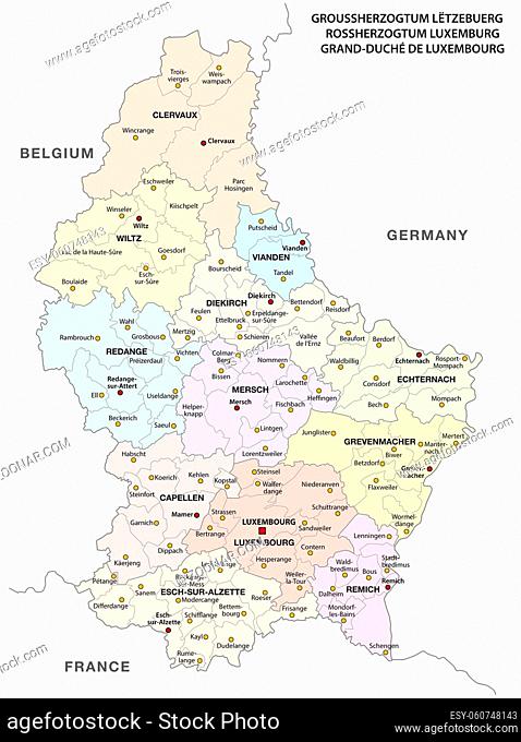 administrative and political vector map Grand Duchy of Luxembourg
