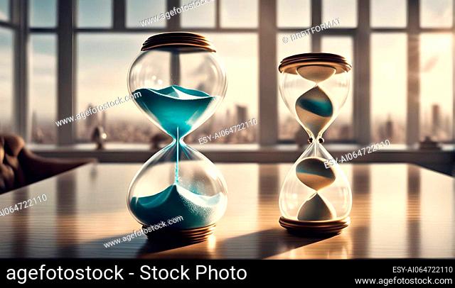 Old hourglass on a table in a modern room - symbolic image of transience
