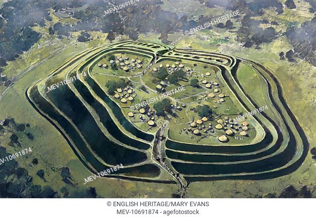 Old Oswestry Hill Fort, Shropshire. Aerial view reconstruction drawing by Ivan Lapper of the fort in the Iron Age at the height of its occupation