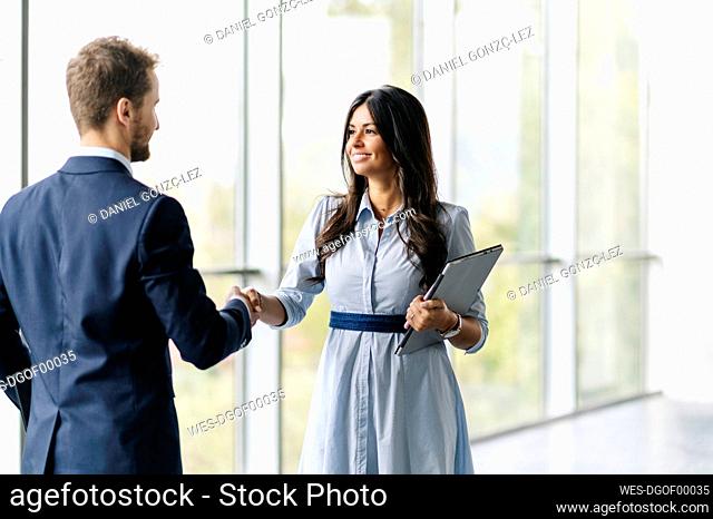 Businessman and businesswoman shaking hands at the window