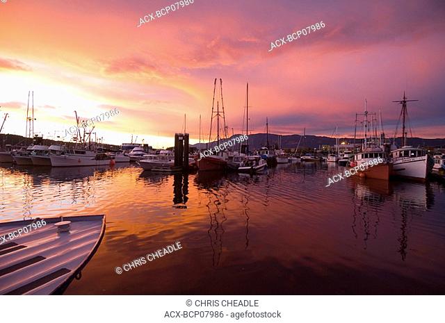 Port Alberni harbour area at sunset, Vancouver Island, British Columbia, Canada