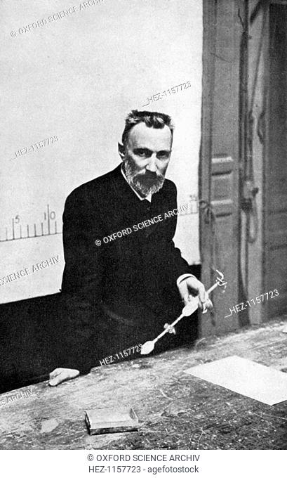 Pierre Curie, French chemist, in the lecture theatre when Professor of Physics at the Sorbonne, 1906. Curie (1859-1906) was awarded the Nobel prize for Physics...