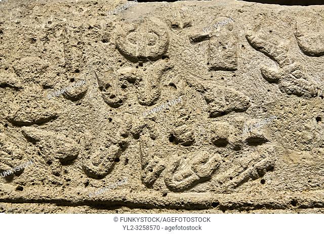 Hittite sculpted Orthostats panel from the Long Wall. Limestone, Kargarmis, Gaziantep, 900 - 700 BC, Hieroglyph. Anatolian Civilizations Museum, Ankara, Turkey