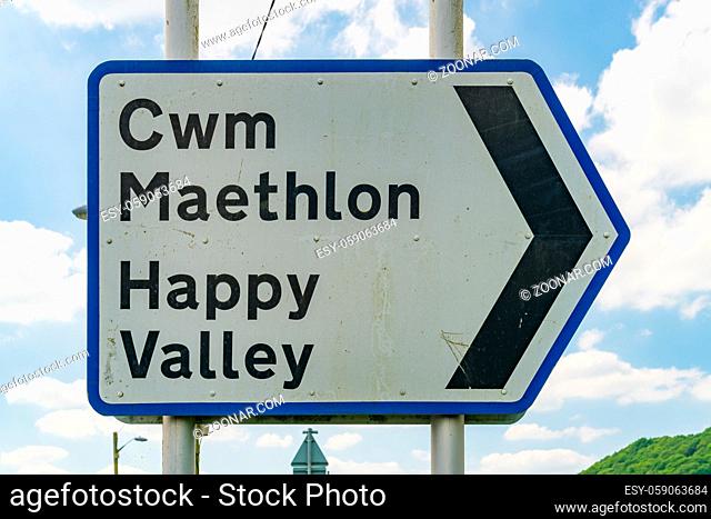 Sign: Happy Valley (Welsh English), seen in Cwrt, Gwynedd, Wales, UK