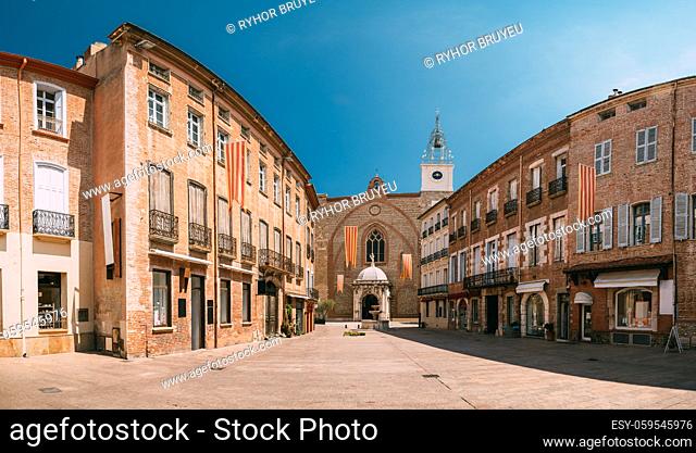 Perpignan, France. Leon Gambetta Square And Cathedral Basilica Of Saint John The Baptist Of Perpignan In Sunny Summer Day
