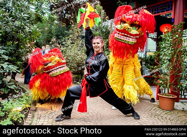 22 January 2023, Bremen: Performers from Wushu Team Zhao in colorful costumes perform the traditional lion dance in the Botanika greenhouses