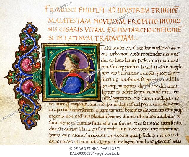Illuminated page with profile of Otho and dedication to Malatesta Novello, Volume II, left 2, f 233, v, Vitae virorum illustrium, by Plutarch (ca 46-127)