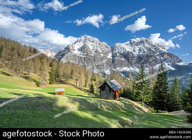 Wengen, High Abbey, Province of Bolzano, South Tyrol, Italy. Barns on the Ritwiesen. In the back the Neunerspitze and the Zehnerspitze