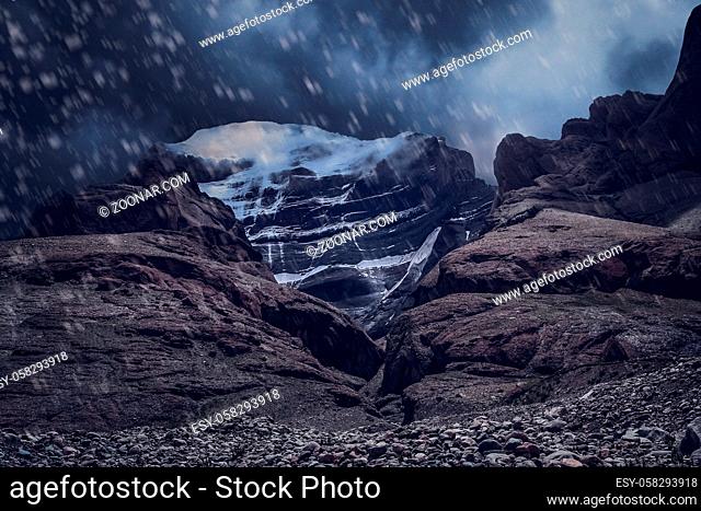 Mount Kailash - holy mountain in the Himalaya during snowfall, Central Tibet