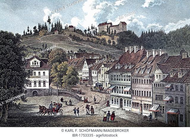 View of Eisenach, about 1850, historic cityscape, steel engraving created in the 19th century, Thuringia, Germany, Europe