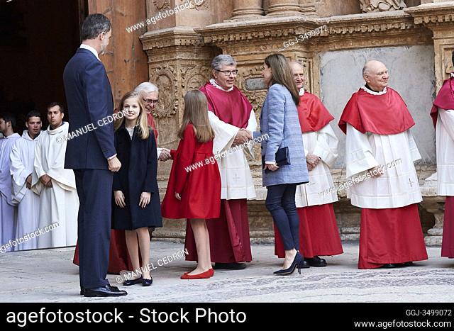 King Felipe VI of Spain, Crown Princess Leonor, Princess Sofia, Queen Letizia of Spain attended the Easter Mass at the Cathedral of Palma de Mallorca on April...
