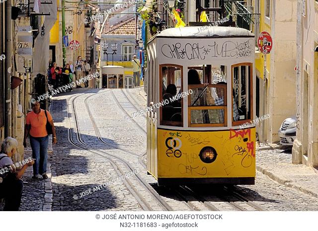 Lisbon, Elevador da Bica Bica cable car, Bairro Alto, Rua da Bica de Duarte Belo, Portugal  Europe