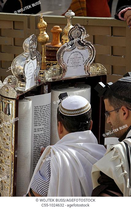 Israel, Jerusalem, Western wall of the Temple Mt , Bar Mitzvah celebration, reading from the Torah
