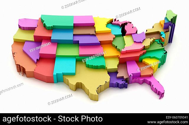 Multi colored USA map showing state borders. 3D illustration