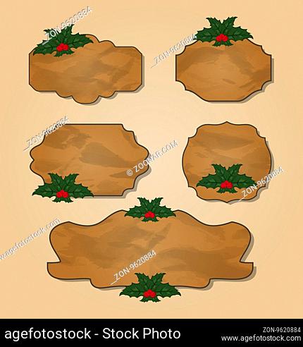 Illustration set crumpled paper label with holly berry - vector