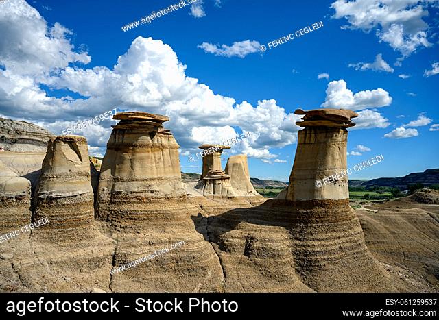 Sandstone Hoodoos and rock formations in the Canadian Badlands, Drumheller, Alberta, Canada