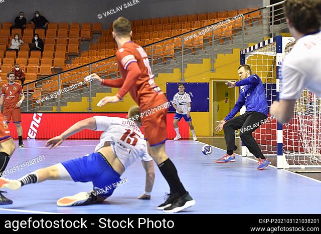 (L-R) Tomas Mrkva of Czech Republic, Jonas Gunnarsson Djurhuus of Faroe Islands and Daniel Kyvala of Czech Republic in action during the European men’s handball...