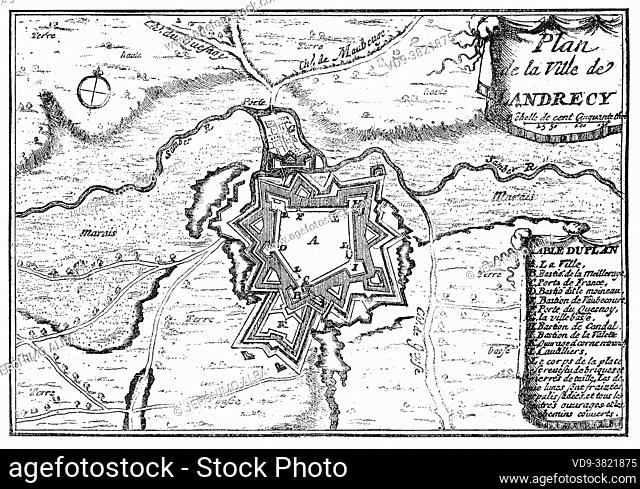 Plan of the town of Landrecies in times of the French Revolution. France. Old 19th century engraved illustration from Histoire de la Revolution Francaise 1876...