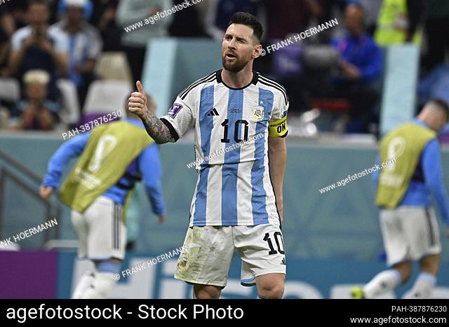 goaljubel Lionel MESSI (ARG), after goal to 2-0 by penalty kick. thumb up, thumbs up. jubilation, joy, enthusiasm, action, single image, cut single motif