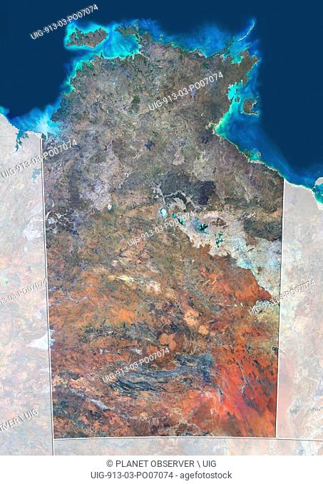 Satellite view of Northern Territory, Australia (with administrative boundaries and mask). This image was compiled from data acquired by Landsat 8 satellite in...
