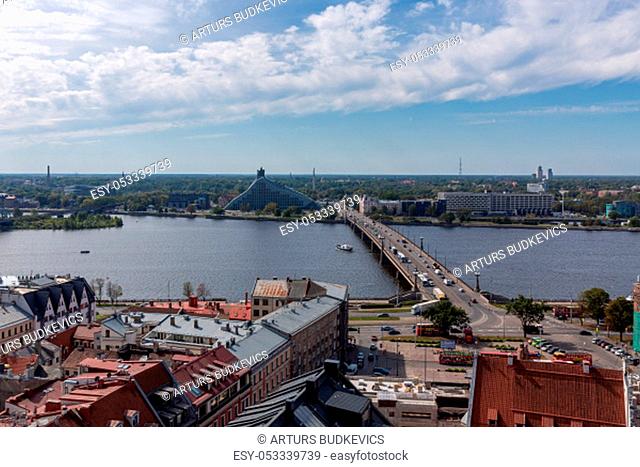 View of Old Town and river Daugava from Saint Peter church, Riga, Latvia