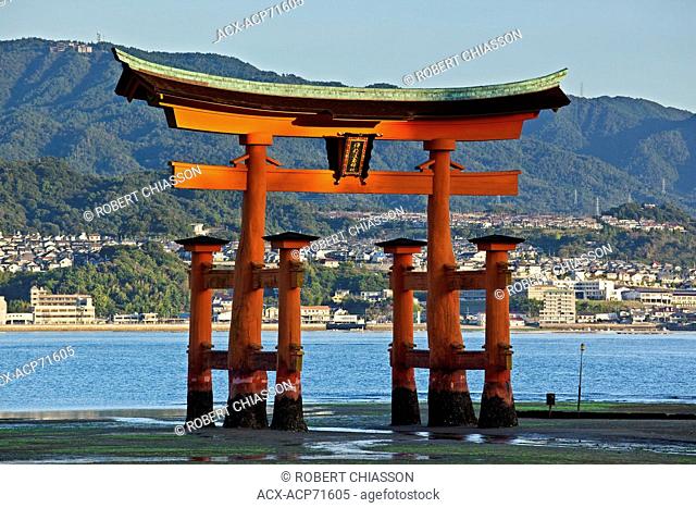 Giant torii gate that is part of the Itsukushima Shrine complex on the island of Miyajima, Japan