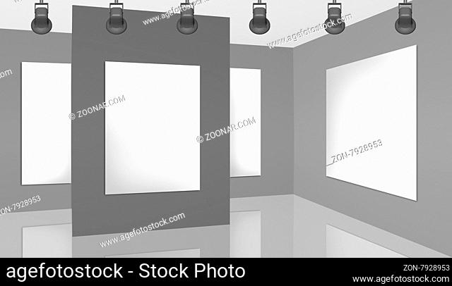 3D rendering of interior of a exhibition hall, gallery with empty white frames and grey walls