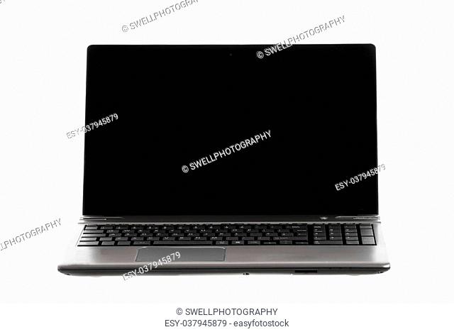 Silver laptop with blank, black screen on white background