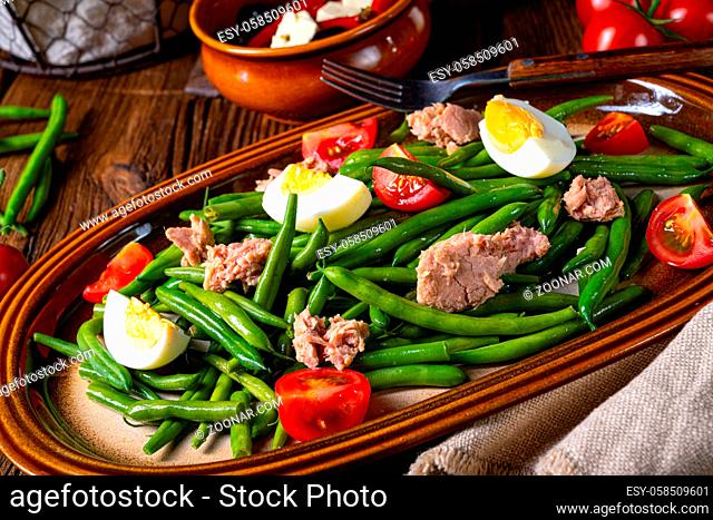 Rustic green bean salad with egg and tuna