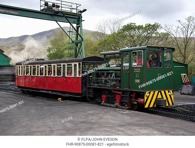 Narrow gauge mountain railway, train leaving station, Snowdon Mountain Railway, Llanberis, Snowdonia N P , Gwynedd, North Wales, may